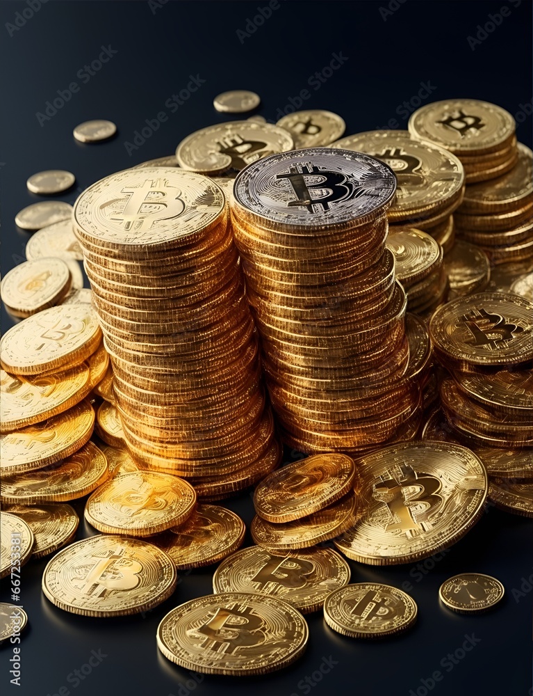 Physical version of Bitcoins, Bitcoins pile on the background Physical version of Bitcoins, Bitcoins pile on the background