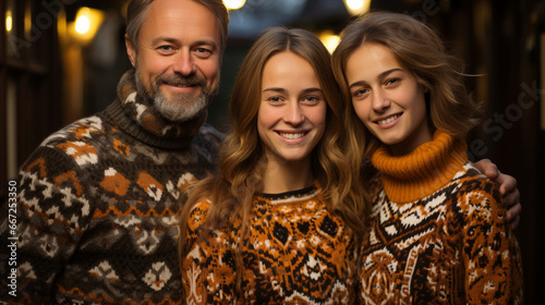 Festive knitwear: A family dressed in hand-knitted holiday sweaters, radiating warmth and festive spirit