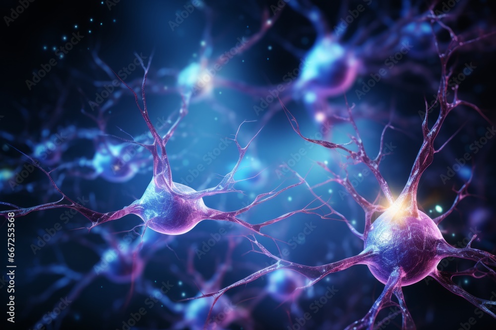 Neuron cells neural network under microscope neuro research science brain signal information transfer human neurology mind mental impulse biology anatomy microbiology intelligence connection system