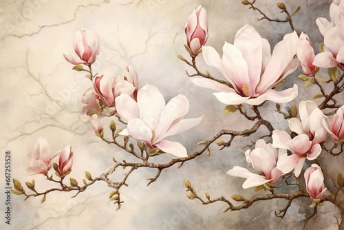 Wallpaper with watercolor painting of a magnolia blossom flower. Generative AI © David