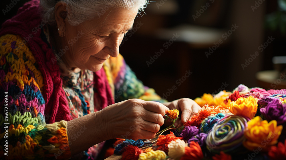 The art of mending: A skilled individual repairing a cherished hand-knitted heirloom, highlighting the longevity of these creations - obrazy, fototapety, plakaty 
