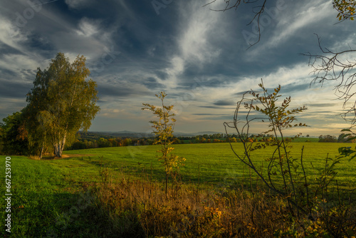 View for autumn landscape in color hot evening near Roprachtice village