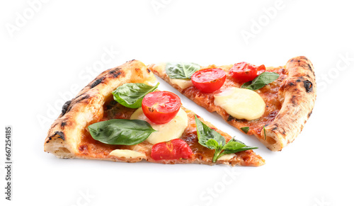 Slices of tasty pizza Margarita on white background