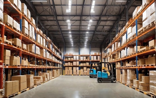 warehouse shelves full with goods in cartons, with pallets and forklifts created with generative ai