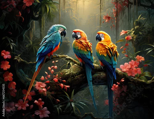 Obraz Trzy egzotyczne kolorowe papugi siedzące na gałęzi w tropikalnym lesie. 