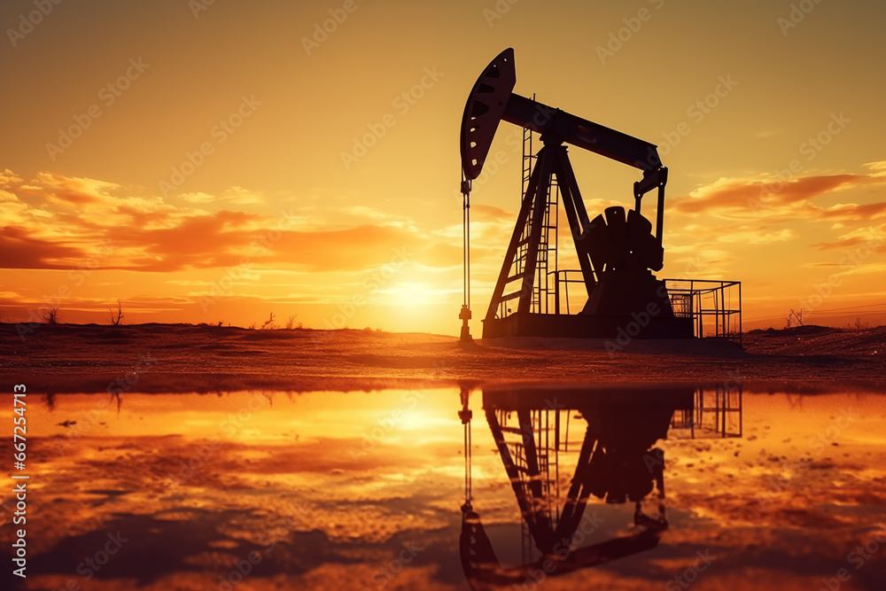 Crude oil Pumpjack on oilfield on sunset. Oil prices on global market. Fossil crude production. Oil drill rig and drilling derrick. Global crude oil Prices, OPEC+. Pump jack, oilfield, AI Generative Crude oil Pumpjack on oilfield on sunset. Oil prices on global market. Fossil crude production. Oil drill rig and drilling derrick. Global crude oil Prices, OPEC+. Pump jack, oilfield, AI Generative