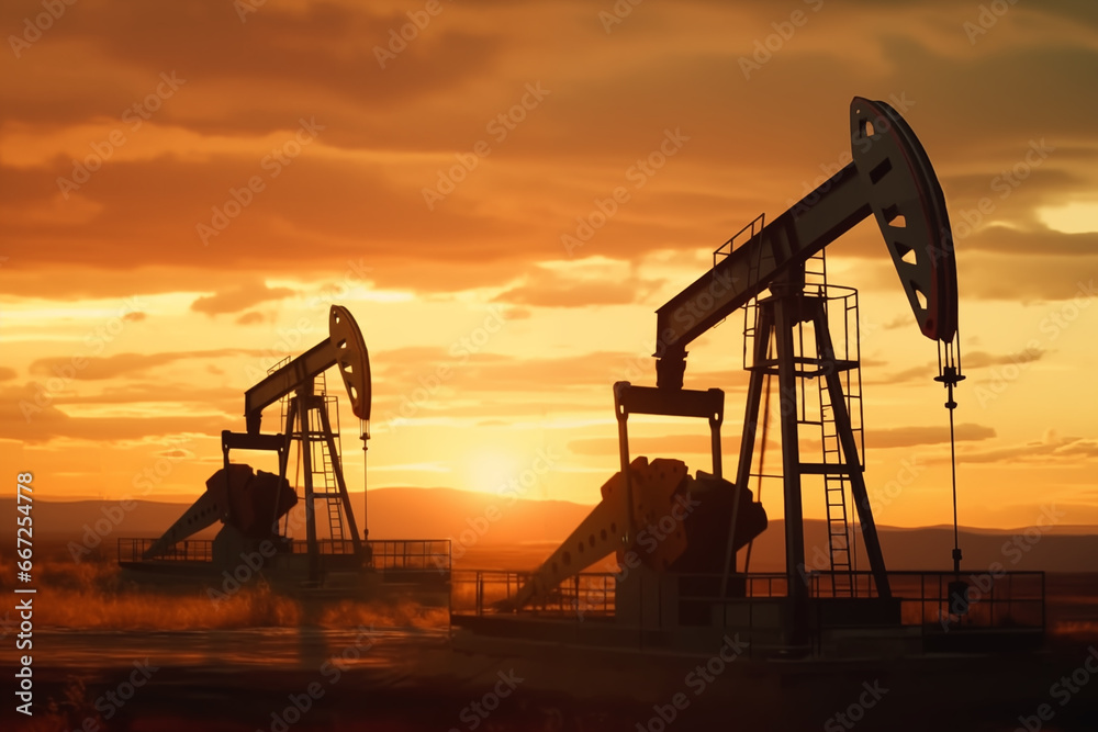 Crude oil Pumpjack on oilfield on sunset. Oil prices on global market. Fossil crude production. Oil drill rig and drilling derrick. Global crude oil Prices, OPEC+. Pump jack, oilfield, AI Generative 