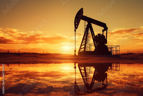 Crude oil Pumpjack on oilfield on sunset. Oil prices on global market. Fossil crude production. Oil drill rig and drilling derrick. Global crude oil Prices, OPEC+. Pump jack, oilfield, AI Generative 