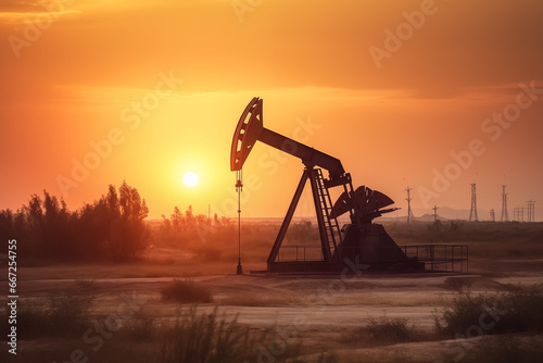 Crude oil Pumpjack on oilfield on sunset. Oil prices on global market. Fossil crude production. Oil drill rig and drilling derrick. Global crude oil Prices, OPEC+. Pump jack, oilfield, AI Generative  photo