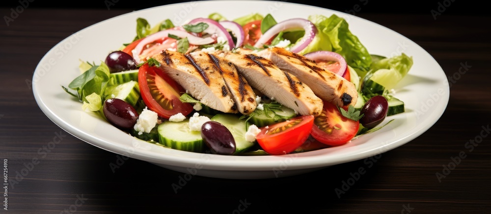 Grilled chicken Greek salad with herbed vinaigrette