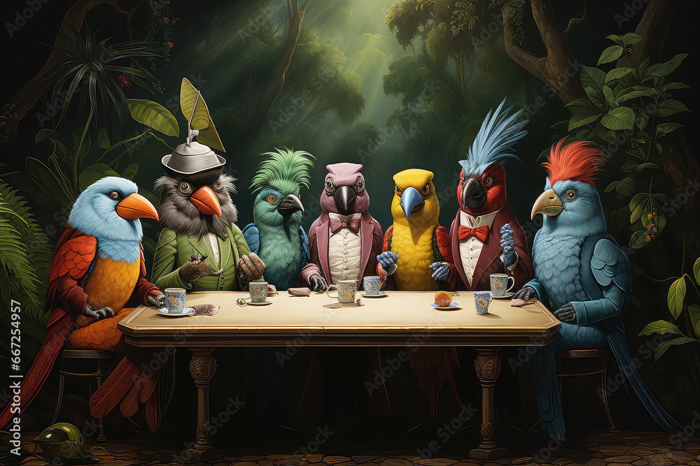 Egzotyczne papugi przy stole pełnym jedzenia.  - obrazy, fototapety, plakaty 