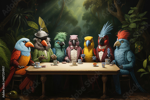 Egzotyczne papugi przy stole pełnym jedzenia. 