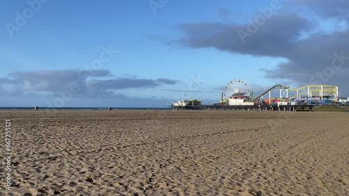 Amusement park of the famous and beautiful white and golden sand beach of the Santa Monica Pier in California in the United States of America, well known by lifeguards.