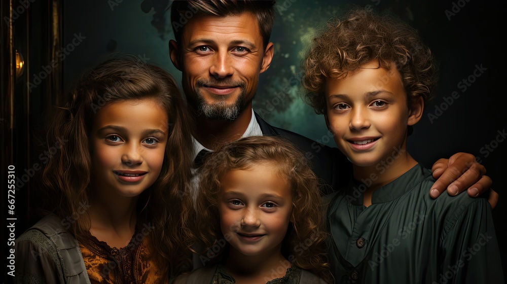 Young family with children holding a picture of a mouth smiling on a gray background. Smile emotion illustration. Generative AI Young family with children holding a picture of a mouth smiling on a gray background. Smile emotion illustration. Generative AI