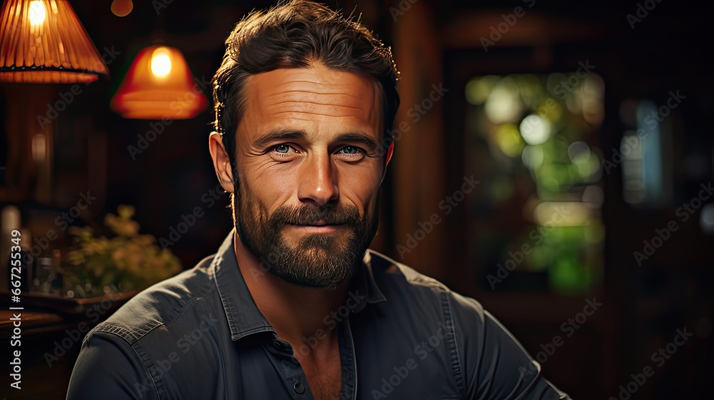 Portrait of smiling caucasian handsome young man with arms crossed standing by window at home. Man face portrait illustration. Generative AI Portrait of smiling caucasian handsome young man with arms crossed standing by window at home. Man face portrait illustration. Generative AI