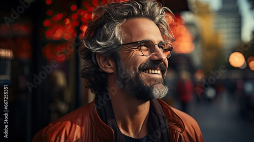Portrait of happy mature man wearing spectacles and looking at camera outdoor. Man with beard and glasses feeling confident. Close up face of hispanic business man smiling. Generative AI