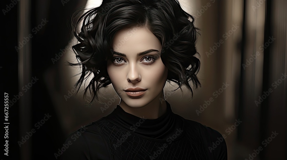 Black and white fashion art studio portrait of beautiful elegant woman in black turtleneck. Hair is collected in high beam. Model portrait illustration. Generative AI