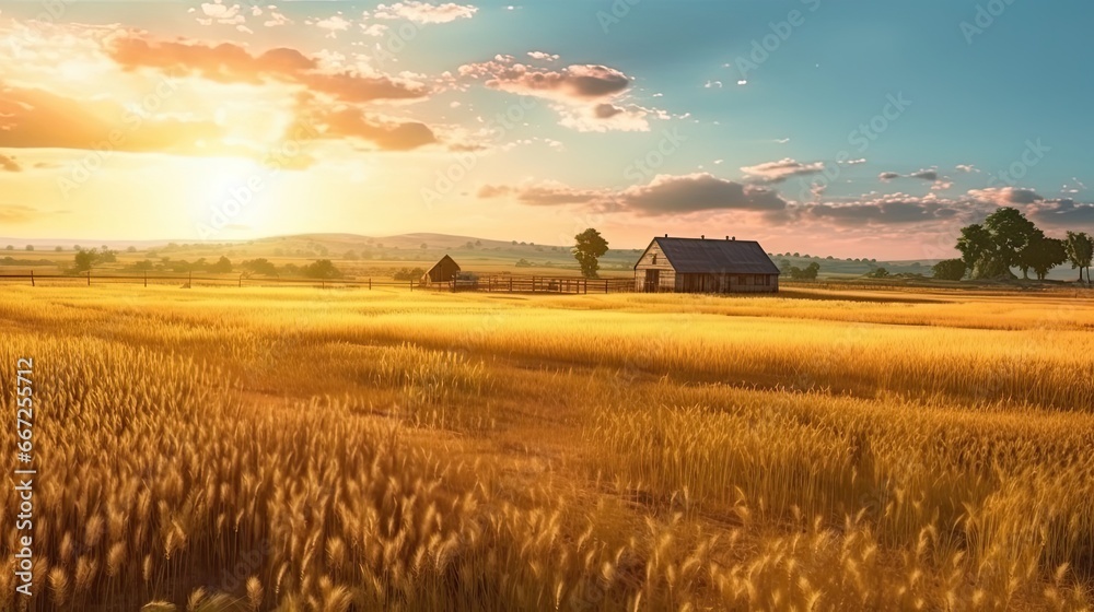 Field and sky in golden hours. Farm background of sunrise. Beautiful style illustration. Generative AI