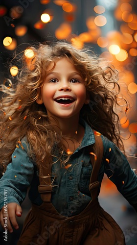 The pretty little girl expresses an emotion of joy. People portrait illustration. Generative AI © tanyastock