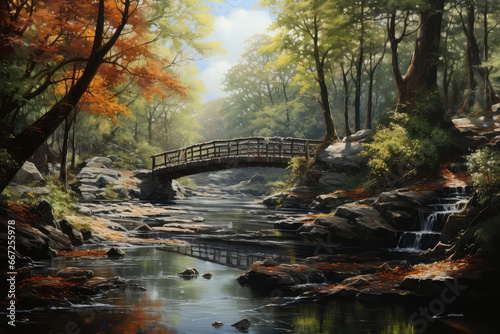 obraz przedstawiający mostek nad małą rzeczką wsród wiosennych drzew photo