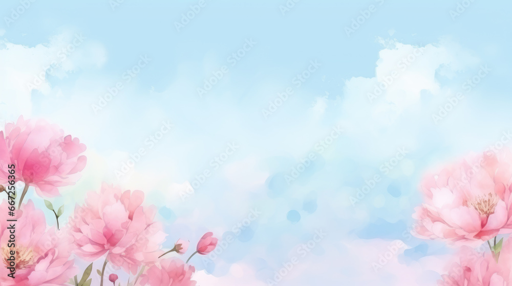 AI generation. Hand drawn illustration with peony flowers on blue background. AI generation. Hand drawn illustration with peony flowers on blue background.