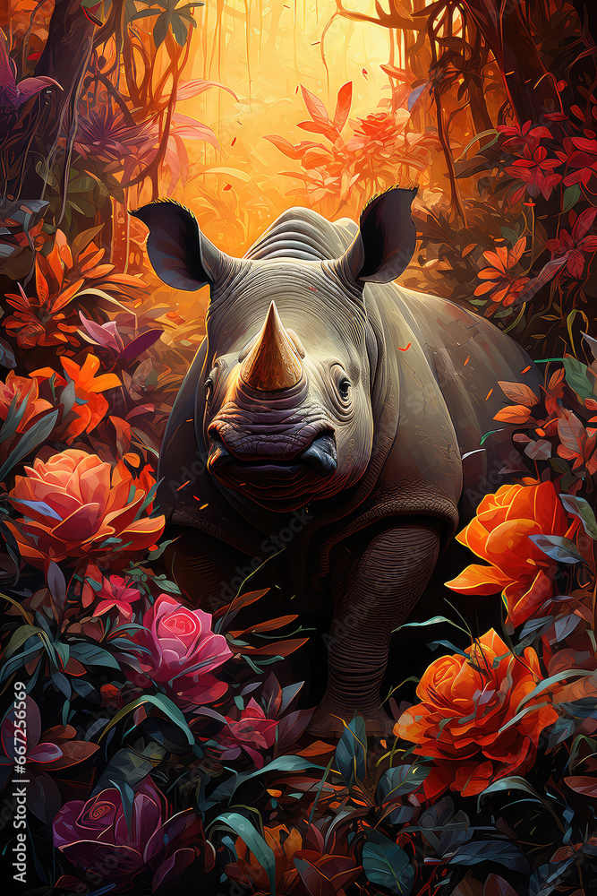 Nosorożec wychylający się z kwiatów  - obrazy, fototapety, plakaty 