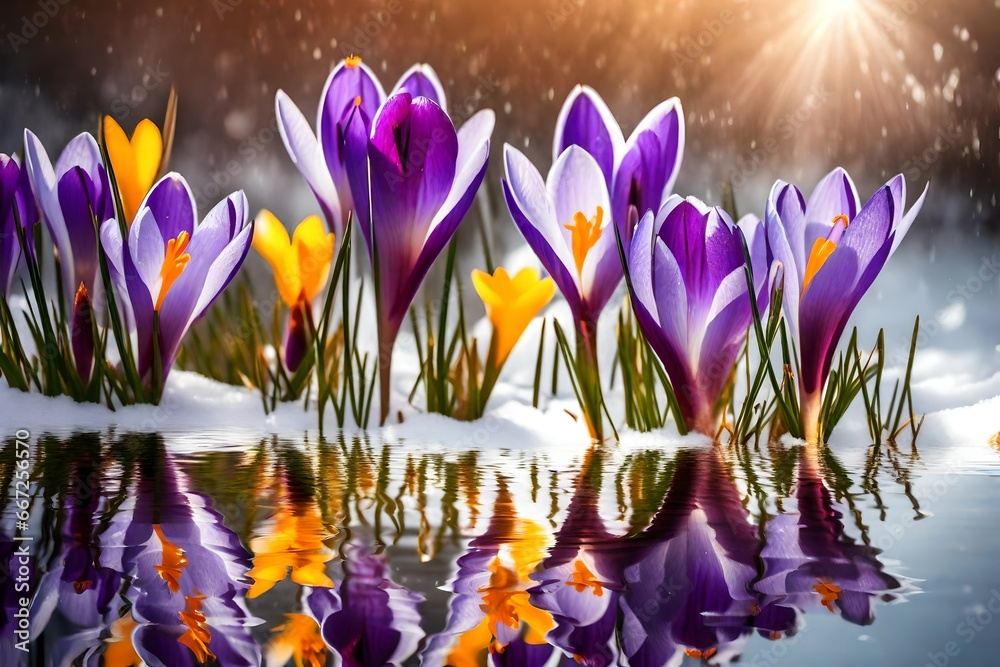 Purple crocus flowers in snow, awakening in spring to the warm gold rays of sunlight 