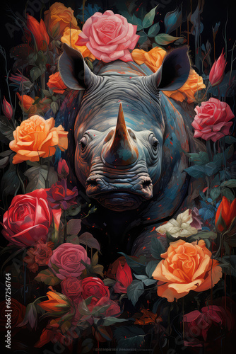 Nosorożec wychylający się z kwiatów 