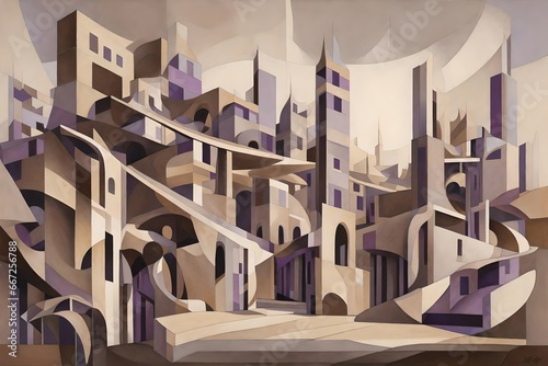 An abstract composition that embodies 'architectural surrealism,' with impossible structures and intricate spatial distortions, utilizing a palette of muted sepia tones and subtle violets. photo