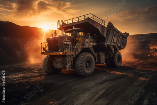 Mining truck in opencast on sunset. Electric EV futuristic mining truck in open-pit. Haul truck with bucket. Electric dump truck in a quarry during mining, future concept. AI Generative Illustration