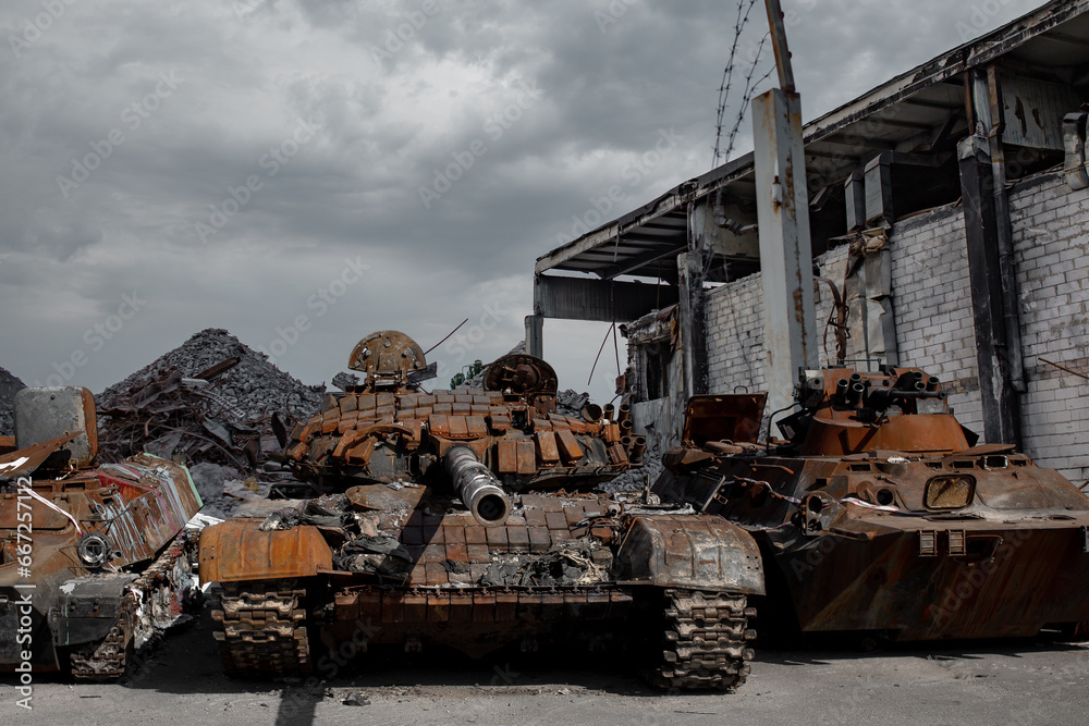 Fototapeta premium A Russian tank destroyed by the Ukrainian army on the southern front. War in Ukraine