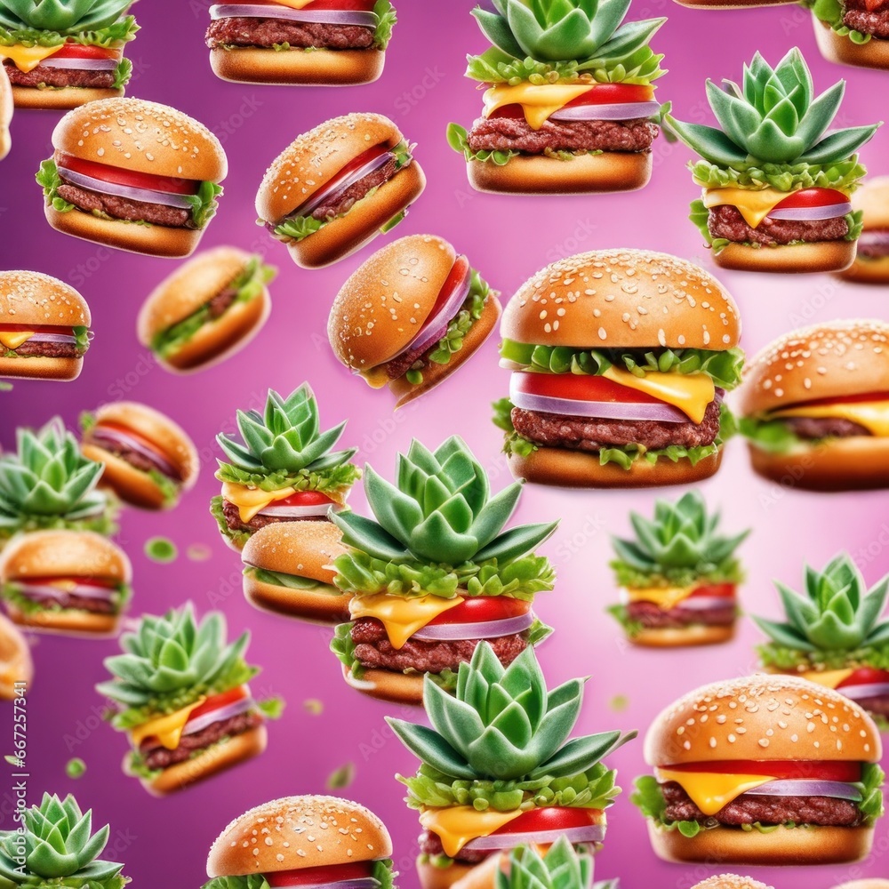 The fresh and delicious cheesy double hamburger with fries on a table in the restaurant. The fresh and delicious cheesy double hamburger with fries on a table in the restaurant.