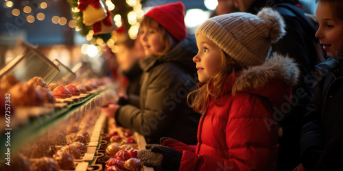 Little girl chooses sweets on street Christmas market. Fruits, candies, cookies, gingerbread in chocolate glaze on skewers in bakery Xmas Eve. Christmas european food