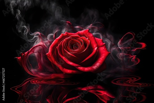 rose wrapped in red smoke swirl on black background 
