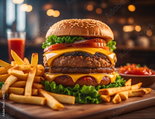 The fresh and delicious cheeseburger with fries on a table against blurred Restaurant background. photo