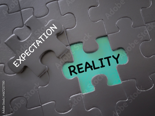 Social and media issue. EXPECTATION and REALITY written on jigsaw puzzle pieces. With blurred styled background.