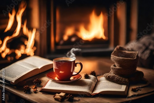 Cup of tea and book near fireplace at home. Cozy atmosphere