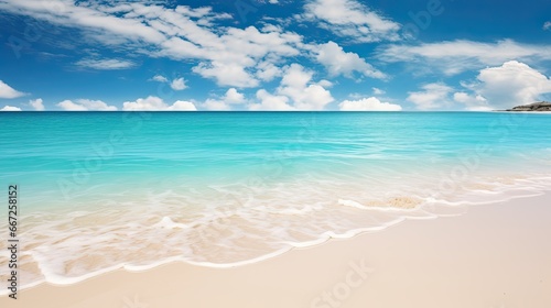 Beautiful sandy beach background. Bright summer sun over the ocean.Blue sky with light clouds, turquoise ocean with surf and clear white sand 