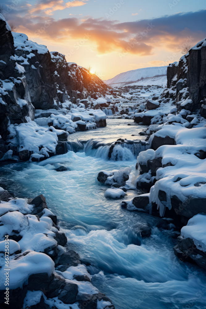 Frozen waterfall landscape at sunrise background with empty space for text Frozen waterfall landscape at sunrise background with empty space for text