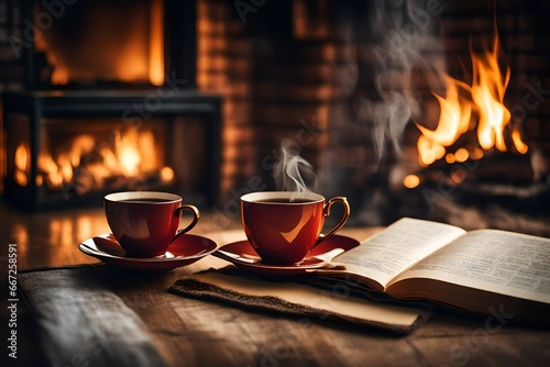 Cup of tea and book near fireplace at home. Cozy atmosphere