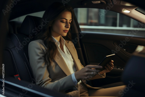 Businesswoman using smart phone in a car  © Super2