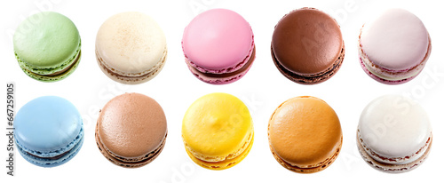 Macaroon Macaron, top view on transparent background cutout, PNG file. Many assorted different colours. Mockup template for artwork photo