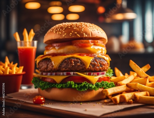 The fresh and delicious cheeseburger with fries on a table against blurred Restaurant background. photo