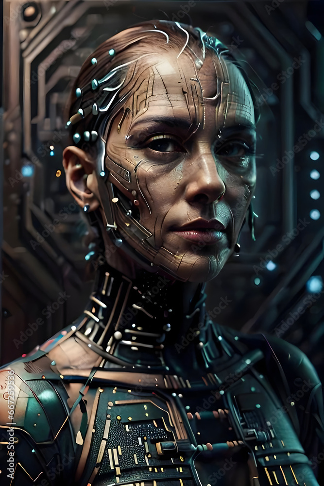 hybrid of woman with circuits and robotic parts hybrid of woman with circuits and robotic parts