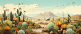 Egzotyczny pustynny krajobraz z różnymi kaktusami 