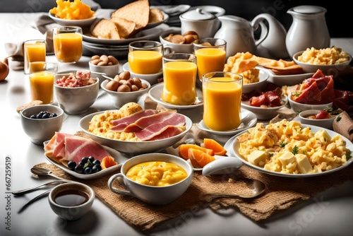 Breakfast served with coffee, orange juice, scrambled eggs, cereals, ham and cheese