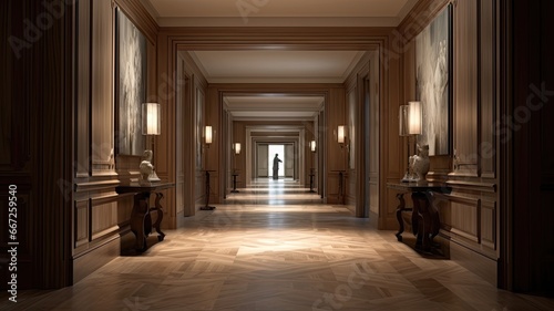 a corridor adorned with light walnut wood panels  set in a cozy and magnificent residence  beautifully designed.