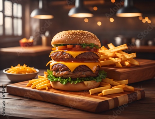 The fresh and delicious cheeseburger with fries on a table against blurred Restaurant background. photo