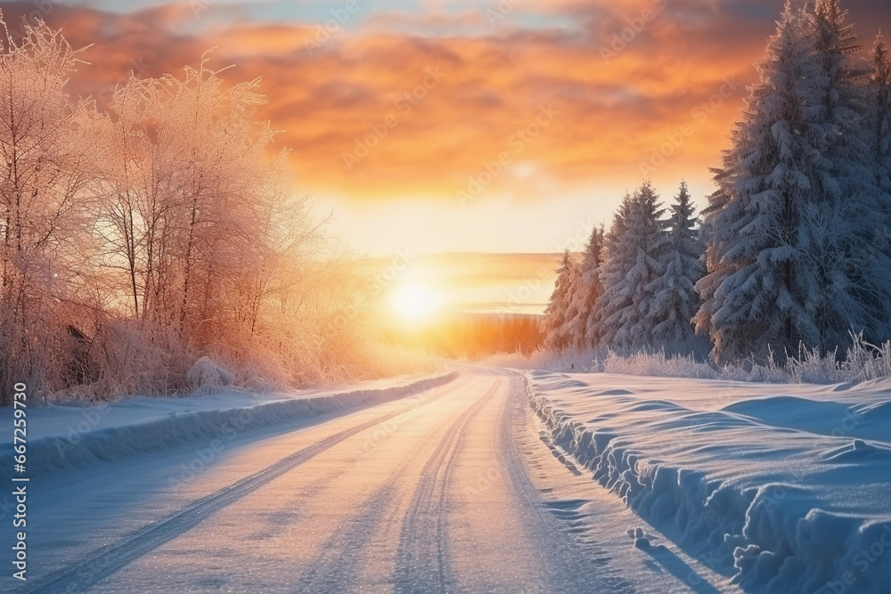 Snow path in winter forest. Evening sun shines through trees. Sun illuminates trees with frost. Winter snowy sunny landscape. Christmas nature. Xmas scenery. Snow path in winter forest. Evening sun shines through trees. Sun illuminates trees with frost. Winter snowy sunny landscape. Christmas nature. Xmas scenery.
