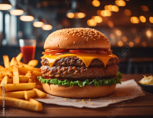 The fresh and delicious cheeseburger with fries on a table against blurred Restaurant background. photo